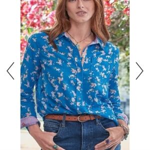 Sundance BLUE Floral Button Down Shirt Blouse Size Medium Cotton